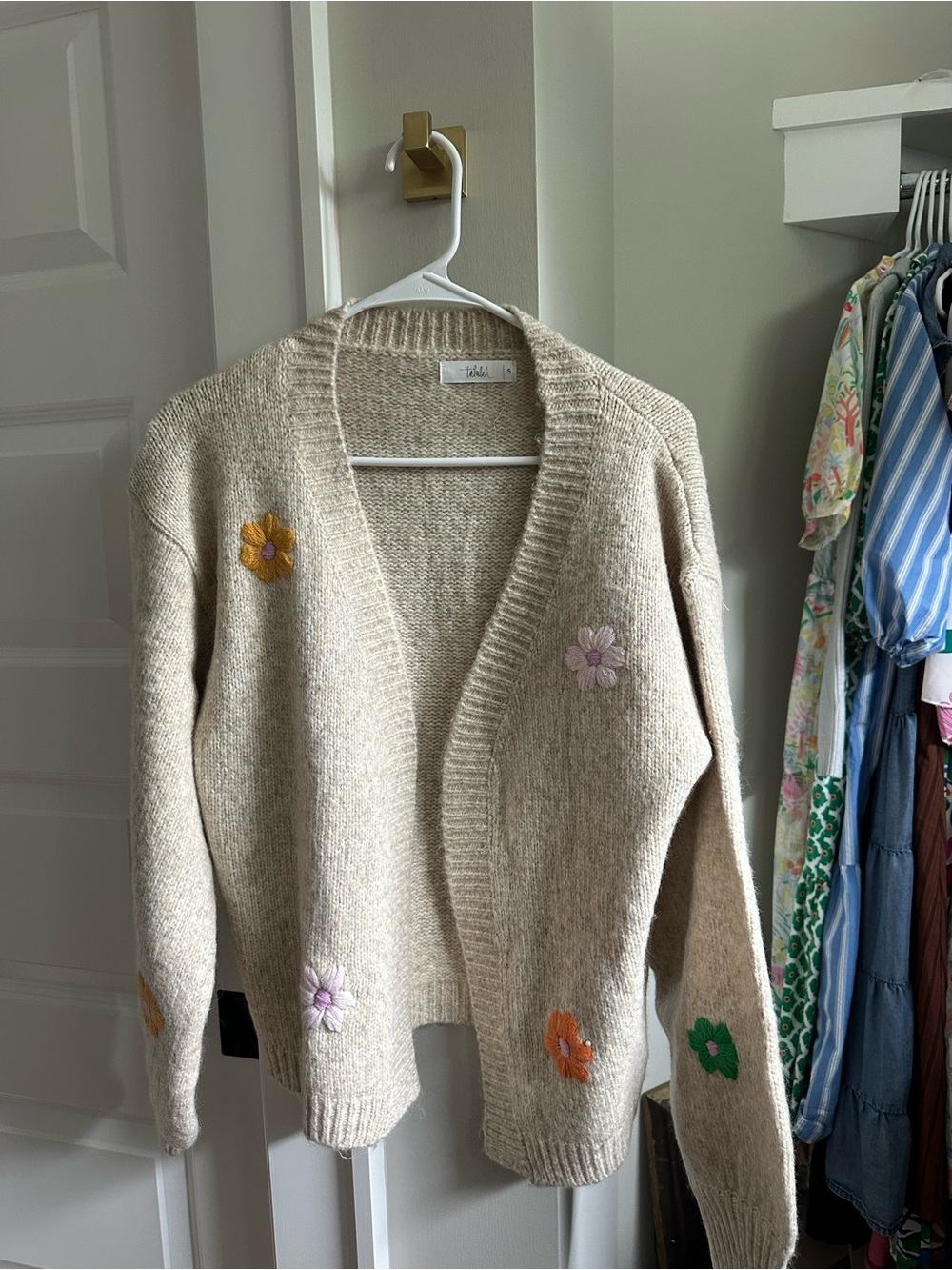 Cream Floral Embroidered Open Cardigan Sweater